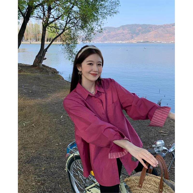 夏季敲显白火龙果玫红色衬衫女春秋季新款设计感小众拼色条纹长袖