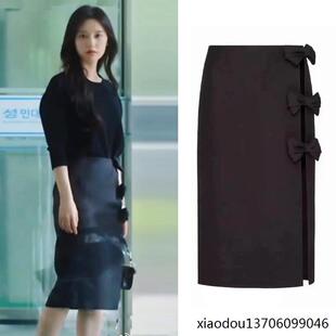 香港眼泪女王金智媛黑色半身裙镂空蝴蝶结开叉性感高腰半裙包臀裙