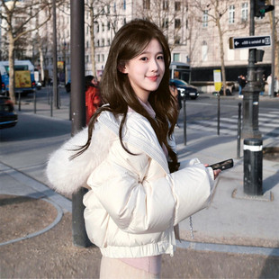 春◇初雪~真狐狸毛 大朵90白鸭绒加厚 松弛感白色短款羽绒服女女