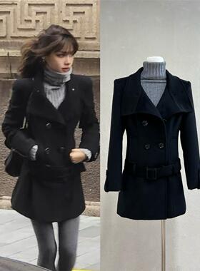 博主ranran同款黑色古早修身毛呢外套女秋冬气质高级感西装呢秋冬