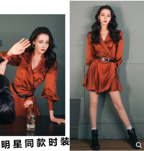 香港2021春晚迪丽热巴同款红色V领长袖荷叶边衬衫连衣裙气质短裙