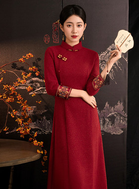 新款红色改良旗袍女新中式高级感长袖显年轻妈妈装婚宴敬酒礼服无