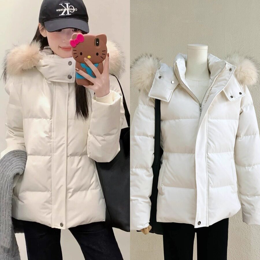 现货 收腰版羽绒服女冬季白色修身显瘦真毛领90白鸭绒外套潮