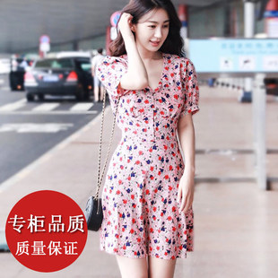 26夏reformation法国小众李菲儿同款连衣裙V领碎花复古收腰A字短