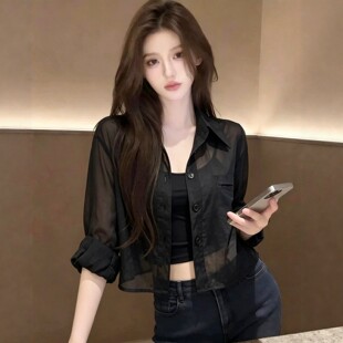 新款法式黑色Polo领薄款防晒衬衫女款2026新款夏季小衫设计感短款