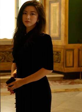 夏款明星朱珠同款丝绒旗袍裙深蓝色立领中长复古气质晚宴日常女旗