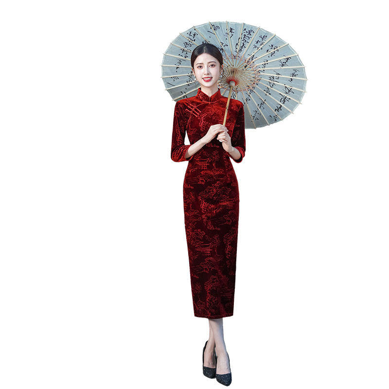 新款金丝绒旗袍高贵洋派2026新款中袖年轻妈妈装高级感弹性洋装长