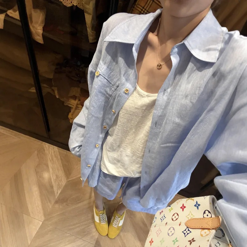 夏季老钱风蓝色亚麻衬衫套装女春夏韩系穿搭洋派减龄防晒衣短裤两