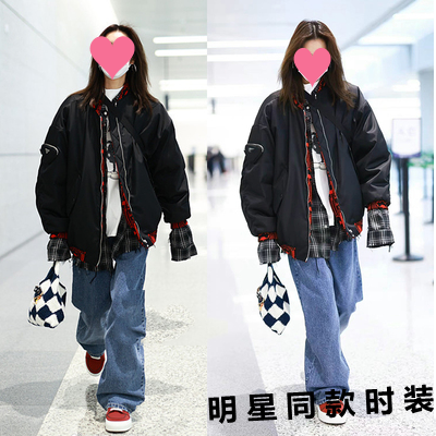 刘雯明星同款黑色棒球服女设计感小众外套2022秋冬新款休闲潮ins