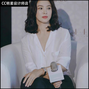 2025宋慧乔同款白色通勤职业短袖衬衫女设计感高级感休闲v领衬衣