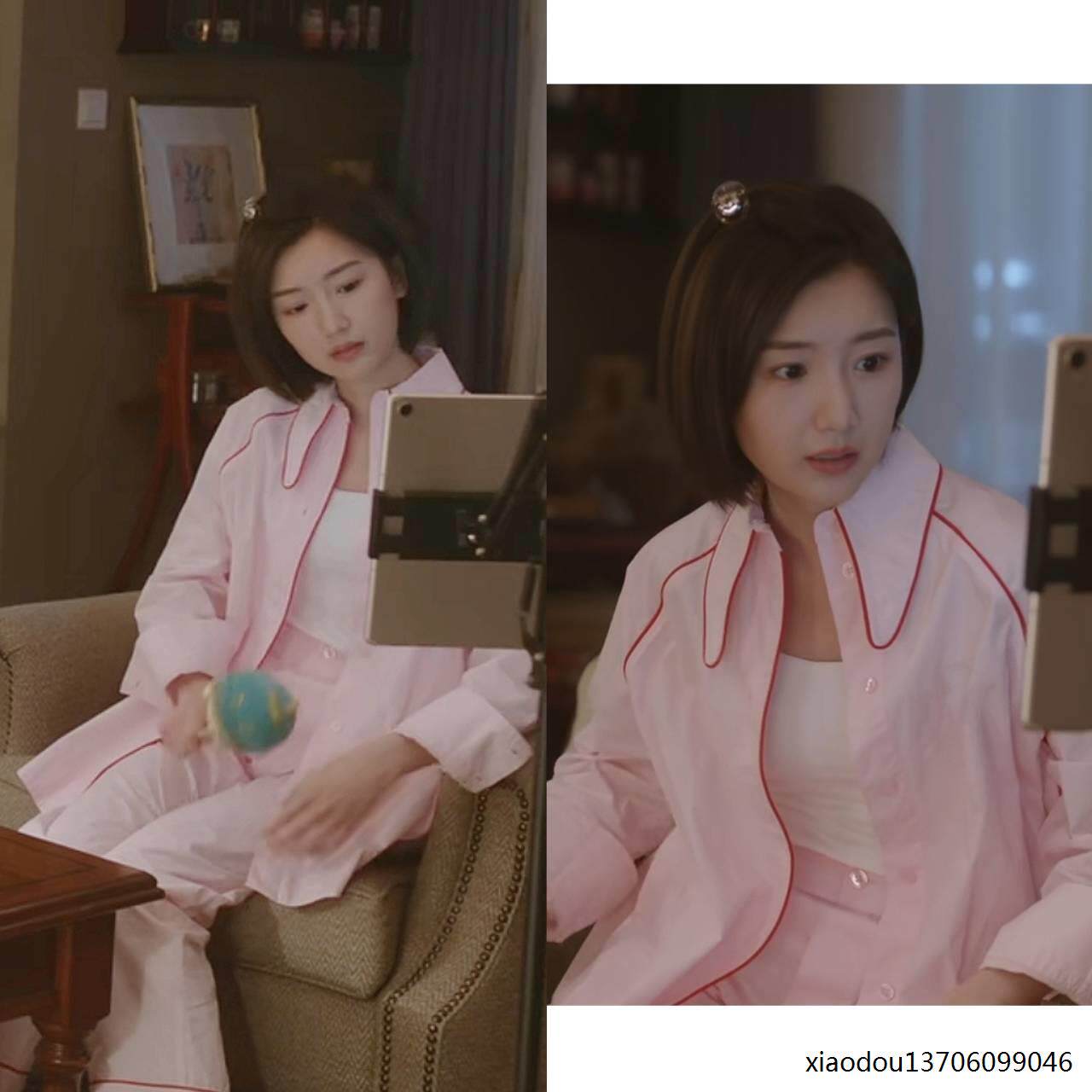 问心毛晓彤方筱然同款粉色尖领衬衫女设计感小众上衣休闲长裤套装