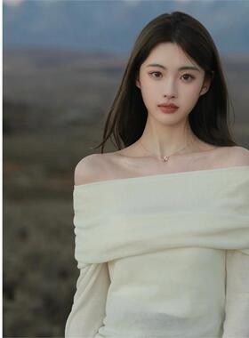 夏款1saye黄多多同款白色法式一字领露肩针织衫上衣女修身打底衫