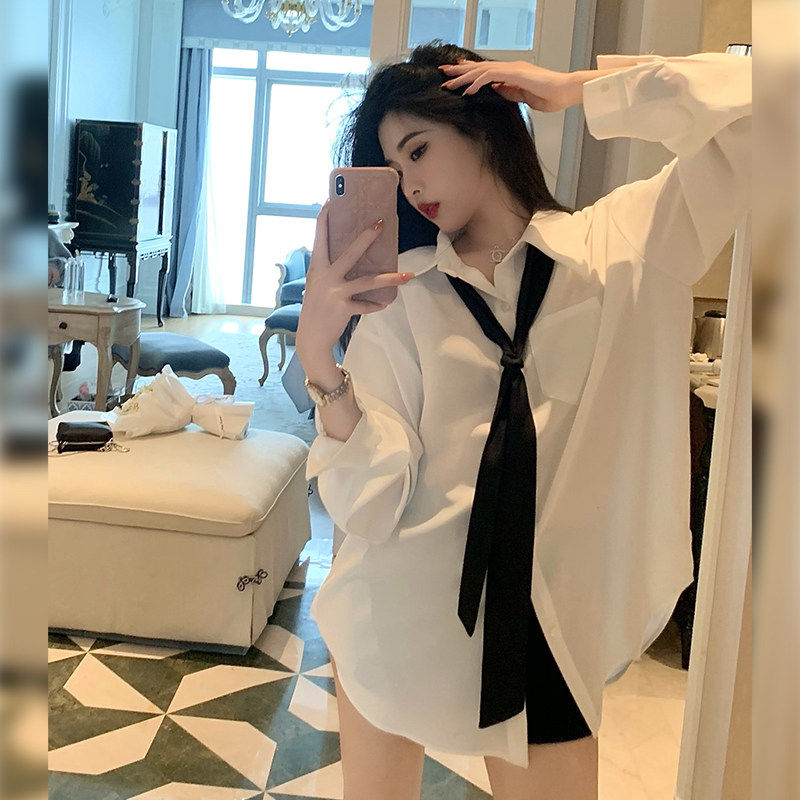 夏季领带白色衬衫女2026春秋新款设计感小众雪纺宽松垂感薄款防嗮