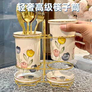 筷子筒轻奢高级感陶瓷沥水家用厨房置物架台面欧式筷笼勺子收纳盒