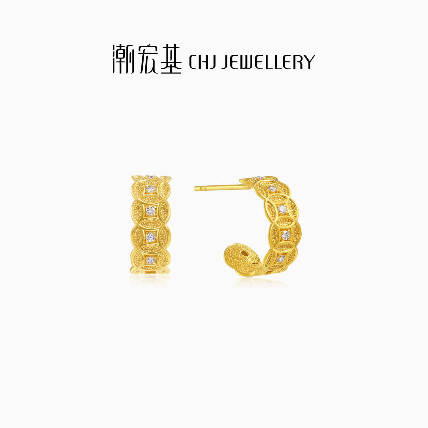 潮宏基非遗花丝方圆黄金钻石耳钉足金耳饰5G金铜钱纹高级感礼物