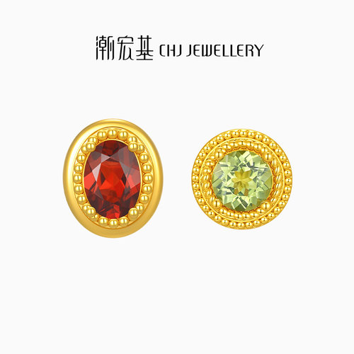 潮宏基至简18K金橄榄石石榴石耳钉彩金耳饰轻奢礼物送女友生辰石