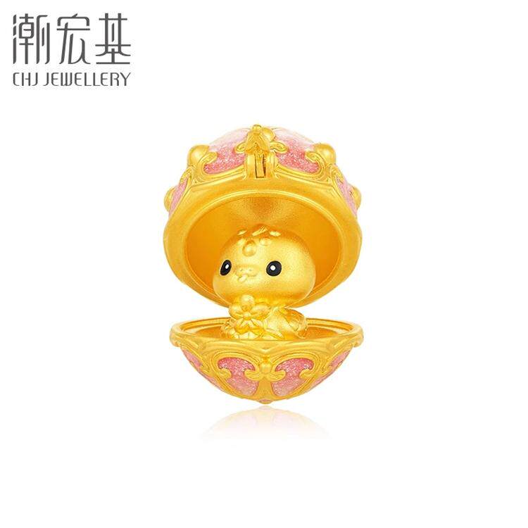 潮宏基萌吉蛇黄金吊坠足金挂坠5D百灵蛇可转动蛇蛋串珠生肖