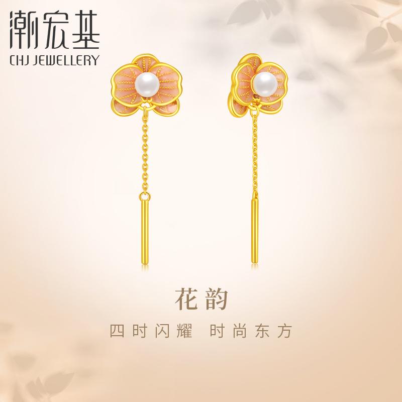 潮宏基花韵蝴蝶兰s925银珍珠耳饰银饰耳环花朵礼物女新中式送女友