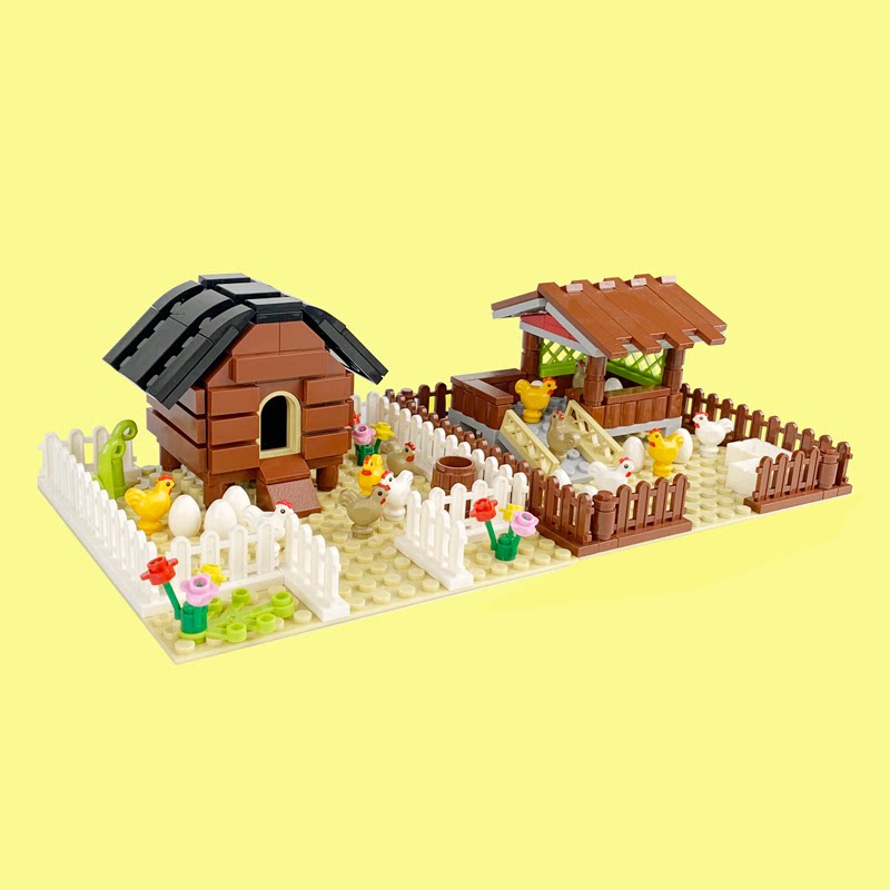 moc农场 牧场 鸡舍 养鸡场 兼容乐高小颗粒积木场景动物拼装