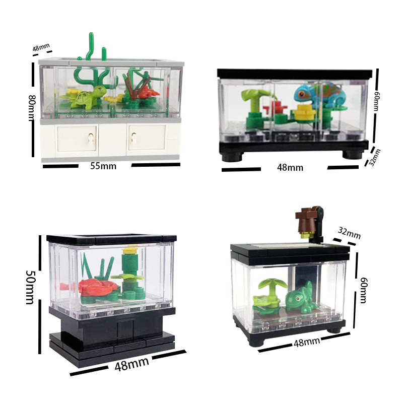 创意MOC家居鱼缸 鹦鹉 变色龙小颗粒积木 桌面摆件装饰玩具