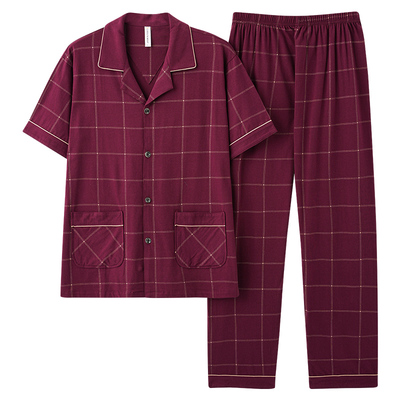 毕求美2025新款睡衣男夏季开衫纯棉短袖长裤大码红色格子全棉套装