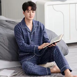 秋冬季男士睡衣三层保暖夹层加厚长袖纯棉加大码家居服薄夹棉套装