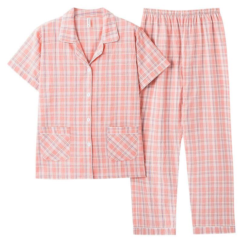 梭织棉纱布睡衣女士夏季纯棉短袖长裤薄款夏天女款大码家居服套装