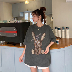 Real shot 2021 new summer cartoon t-shirt female loose fit Korean rabbit hot drill versatile short sleeve top fashion