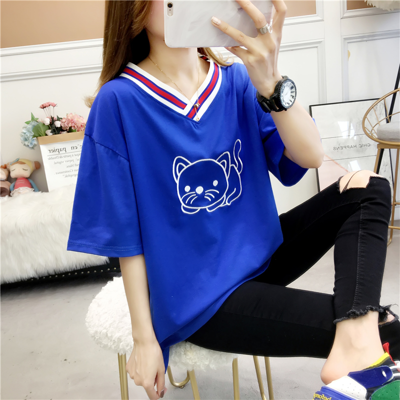 Real shot fat size loose short sleeve t-shirt female embroidery kitten double collar top irregular