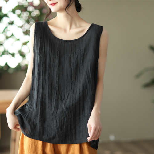 2022 summer new Pure Cotton Retro cotton hemp vest women's loose solid color versatile sleeveless top looks thin inside