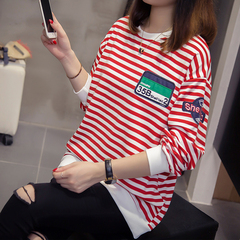 Real shot of ten colors new fat mm plus fat plus size long sleeve round neck autumn suit 200kg Striped Sweater Girl