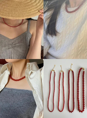 necklace women红色手工串珠项链女复古轻奢高级感优雅时尚气质百