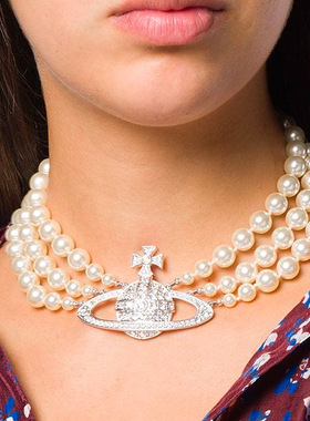 西太后薇薇安时尚复古三层珍珠满钻大土星项链choker高级感颈链