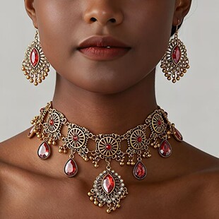 民族风复古镶钻水晶项链耳环套装礼服配饰中东饰品Necklaces