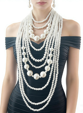 爆款夸张珍珠多层长项链礼服百搭