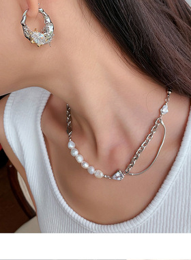 necklace women时尚锆石耳钉个性拼接小众设计淡水珍珠锁骨项链潮