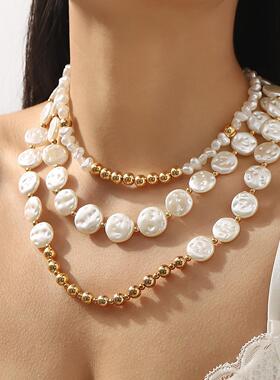 necklace women欧美新款圆形仿珍珠项链 气质时尚通勤几何多层锁