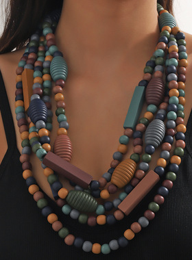 欧美时尚民族风波西米亚复古夸张多层串珠项链女手工necklace wom