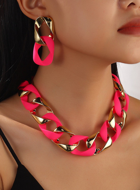 2025新潮欧美风项链女时尚绚丽荧光色CCB亚克力扭纹拼接首饰套装