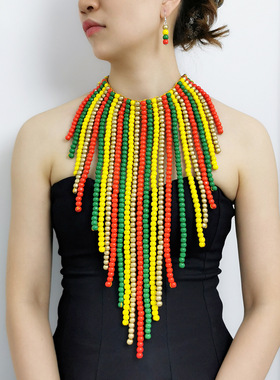 夸张流苏长款项耳环套装国旗图案