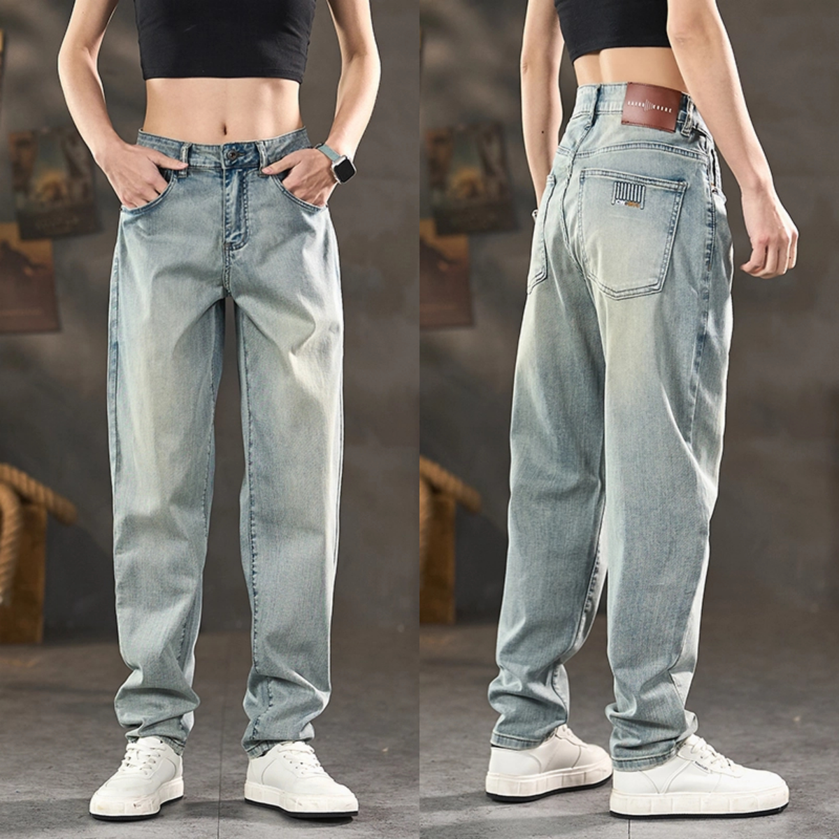 夏季新款美式復古水洗直筒牛仔褲