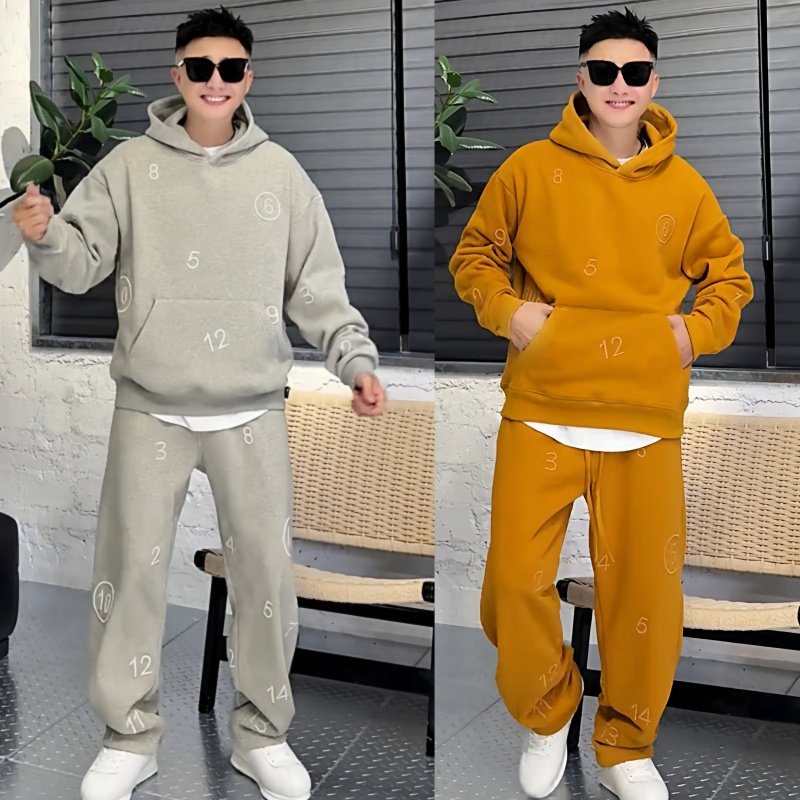 冬季新款刺绣数字加绒休闲套装男士重磅保暖连帽卫衣卫裤两件套潮,男装,休闲运动套装,淘宝优惠券,粉丝福利购,淘宝优惠卷