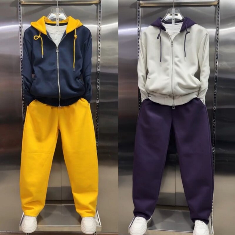 春季新款撞色休闲运动套装男女同款情侣连帽卫衣休闲裤男士两件套