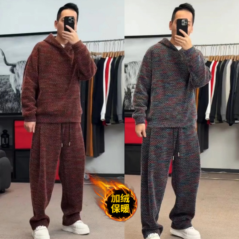 冬季加绒加厚时尚套装男士千鸟格雪呢绒休闲运动卫衣卫裤两件套男,男装,时尚套装,淘宝优惠券,粉丝福利购,淘宝优惠卷