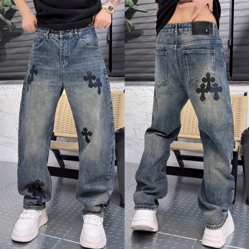 2026春季新款牛仔裤男士潮牌重工贴皮绣弯刀裤美式复古直筒长裤男,男装,牛仔裤,淘宝优惠券,粉丝福利购,淘宝优惠卷