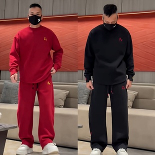 马年红色加绒休闲运动套装男士重工刺绣卫衣卫裤一整套男款两件套