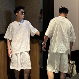 夏季新款天丝亚麻休闲套装男士极简老钱风宽松百搭短裤短袖两件套