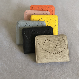 H家钱包荔枝纹头层牛皮招财女短款镂空超薄二折钱夹搭扣零钱卡包