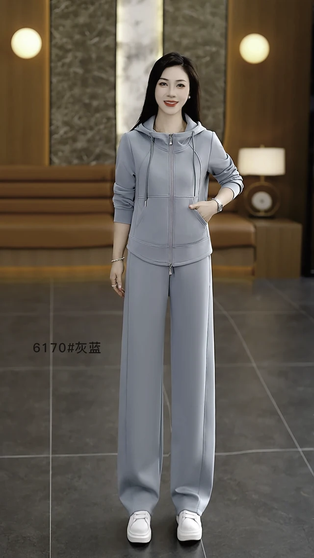 云粤祺轻奢品牌运动套装女2026年秋兰色阔腿裤长袖休闲两件服正品