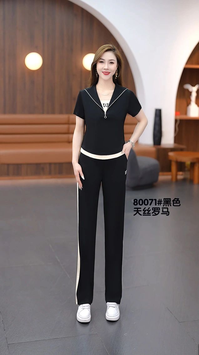 2025宇玲儿夏季休闲运动套装女时尚洋气拼接撞色阔腿裤旅游街头风